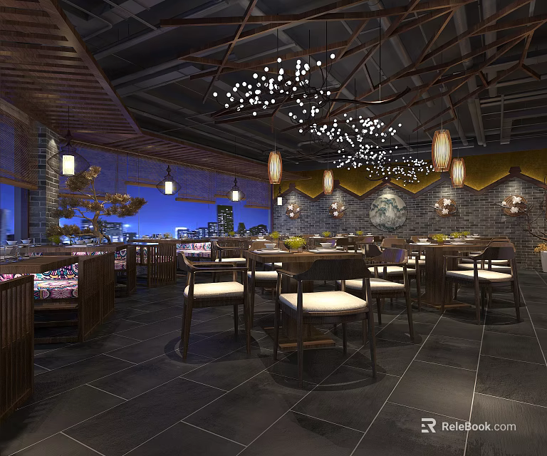 Chinese Restaurant With Wooden Decor Chandeliers Dining Tables Chairs Night View And Warm Elegant Ambiance 3d model 