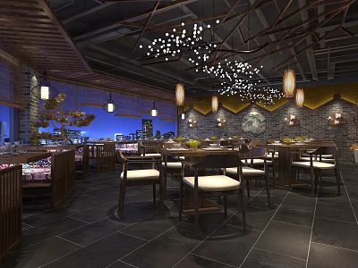 Chinese Restaurant With Wooden Decor Chandeliers Dining Tables Chairs Night View And Warm Elegant Ambiance 3d model