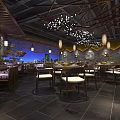 Chinese Restaurant With Wooden Decor Chandeliers Dining Tables Chairs Night View And Warm Elegant Ambiance