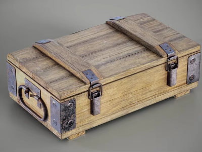 Vintage Wooden Storage Box With Leather Straps Metal Hinges And Lock 3d model