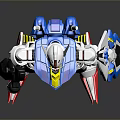 White Blue Red Mecha Robot Character With Shield And Sword Standing On Reflective Gray Background