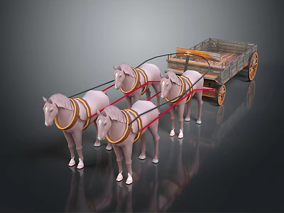 Four White Horses Pulling Wooden Wagon With Red Harnesses And Wheels 3d model