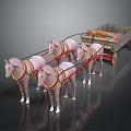 Four White Horses Pulling Wooden Wagon With Red Harnesses And Wheels