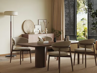 Modern Restaurant Interior With Wooden Dining Table Chairs Floor Lamp Decorative Frames And Window Blinds 3d model