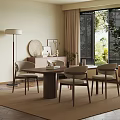 Modern Restaurant Interior With Wooden Dining Table Chairs Floor Lamp Decorative Frames And Window Blinds