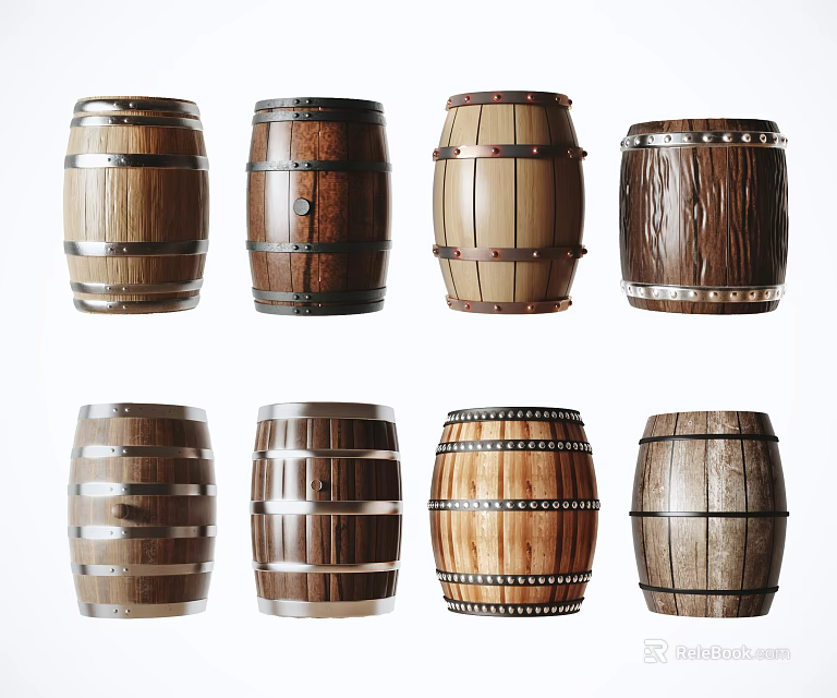 Various Styles Wooden Barrels With Metal Hoops As Household Items 3d model 