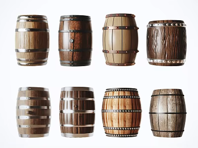 Various Styles Wooden Barrels With Metal Hoops As Household Items 3d model