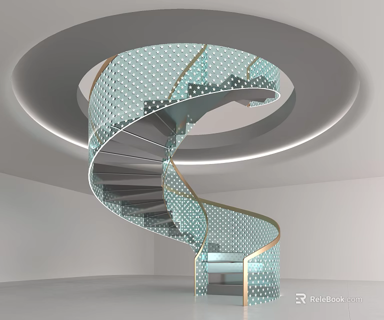 Modern Spiral Staircase With Glass Railing Metallic Frame And Circular Lighting Interior Design 3d model 