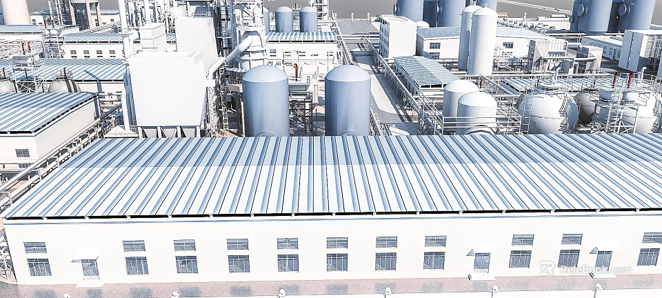 Modern Industrial Factory Building With Metal Roof Storage Tanks And Piping Systems 3d model 