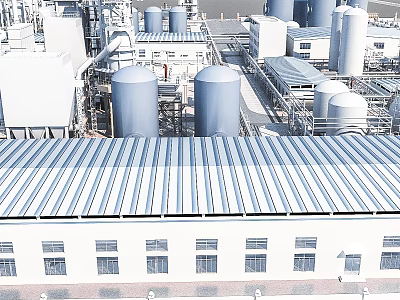 Modern Industrial Factory Building With Metal Roof Storage Tanks And Piping Systems 3d model