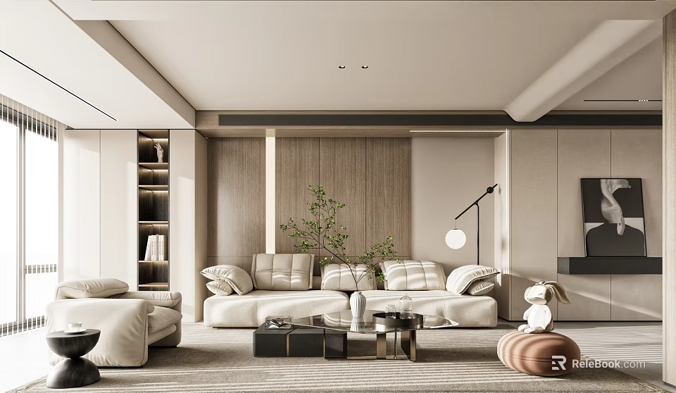 Modern Living Room Interior With Light Sofas Green Plants And Shelves 3d model