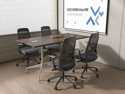 Modern Wooden Conference Table With Four Office Chairs In Meeting Room With Large Screen 3d model
