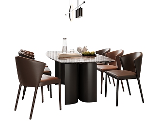 Modern Italian Dining Table and Chair Combination Leather Dining Chair Rock Plate Dining Table Fragment Chandelier Dining Table Ornaments Fruit 3d model