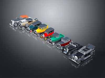 Vintage Model Cars In Various Colors With Classic Designs Arranged In Row 3d model