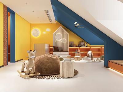 Kids Living Room With Yellow Walls Blue Sloped Ceiling Moon Cloud Decor And Rocking Horse 3d model
