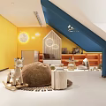 Kids Living Room With Yellow Walls Blue Sloped Ceiling Moon Cloud Decor And Rocking Horse