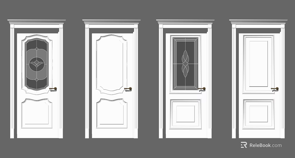 White Swing Doors Featuring Various Panel And Glass Design Styles For Interior 3d model