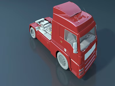 Red Functional Truck Front View With Shiny Cab Exposed Engine And Wheels 3d model