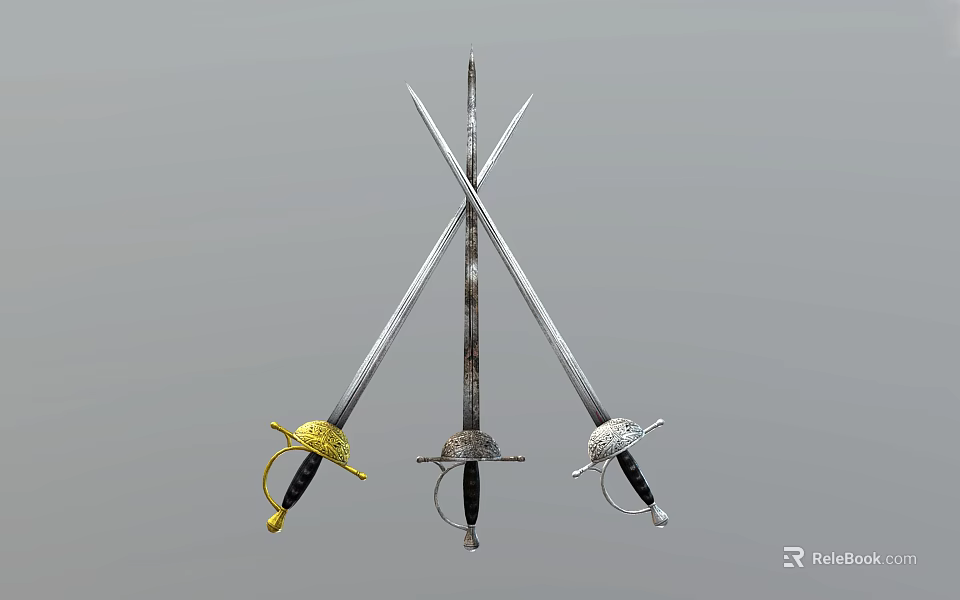 Three Crossed Swords With Metallic Blades And Decorative Hilt Designs 3d model 