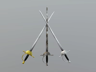 Three Crossed Swords With Metallic Blades And Decorative Hilt Designs 3d model Three Crossed Swords With Metallic Blades And Decorative Hilt Designs 3d model