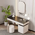 Modern Dressing Table With Oval Mirror Large Green Plant Minimalist Stool And Pendant Lights