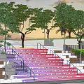 Garden Landscape Design with Colorful Steps Green Lawn Trees Metal Railings and White Structures