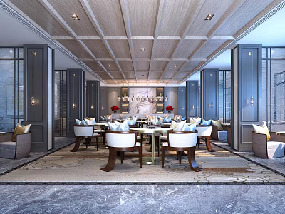 Spacious Hotel Public Lounge Area With Wooden Ceiling Comfortable Sofas And Dining Tables 3d model