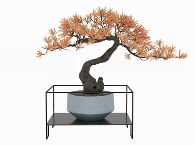 Bonsai Plant With Curved Trunk Orange Leaves In Gray Pot On Black Metal Stand 3d model