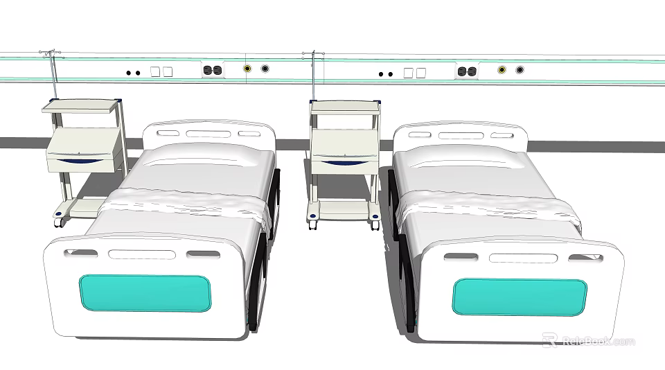 Hospital Medical Beds With Bedside Tables And Overhead Medical Rails 3d model 