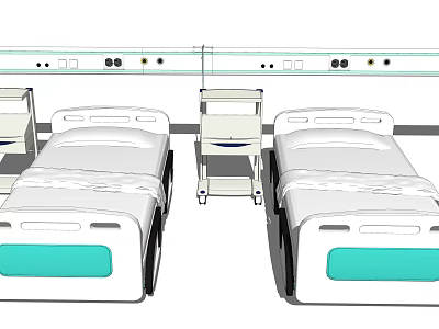 Hospital Medical Beds With Bedside Tables And Overhead Medical Rails 3d model