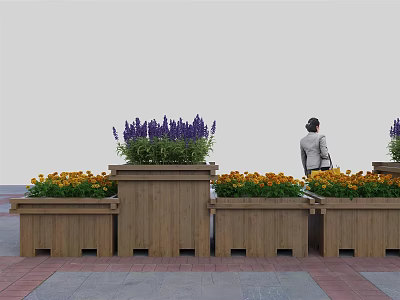 Outdoor Wooden Garden Planters With Purple Lavender And Yellow Flowers 3d model