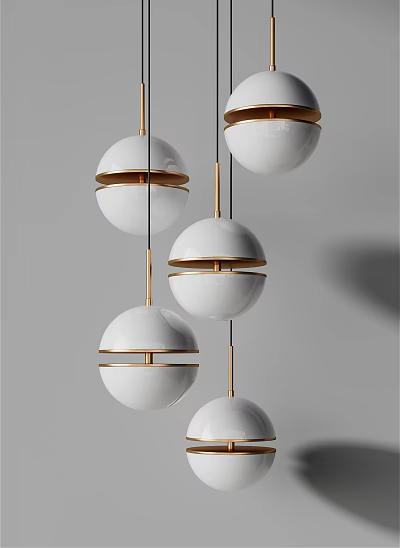 Elegant Modern White Spherical Chandelier with Gold Accents and Hanging Design 3d model
