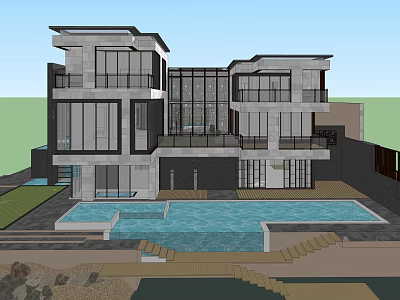 Modern Detached Villa Exterior Design With Swimming Pool Large Glass Windows And Stone Facade 3d model