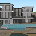 Modern Detached Villa Exterior Design With Swimming Pool Large Glass Windows And Stone Facade