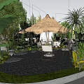 Tropical Garden Landscape With Thatched Roof Umbrella Outdoor Tables Chairs And Lush Greenery