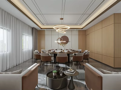 Elegant Modern Private Dining Room Interior With Round Table Chandelier Sofa And Decorative Wall 3d model