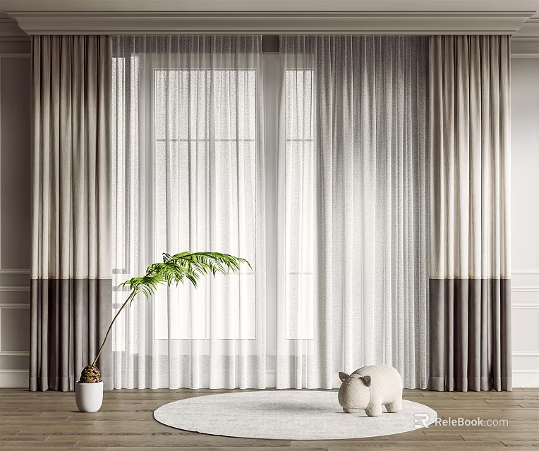 Modern Sheer And Linen Curtains In Neutral Tones For Bright Interior With Potted Plant 3d model 
