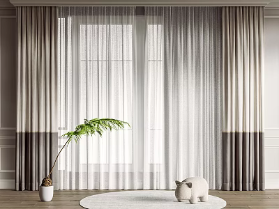 Modern Sheer And Linen Curtains In Neutral Tones For Bright Interior With Potted Plant 3d model