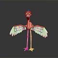 Cute 3D Cartoon Flamingo Standing With Open White Wings And Pink Body