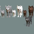Low Poly Style Various Colored Wolves Standing Together in Group 3d model