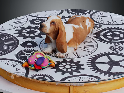 Brown and white Basset Hound lying on circular gear clock pattern mat with colorful toy 3d model