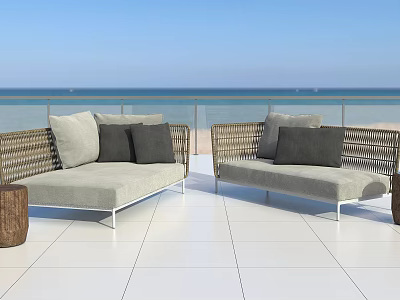 Outdoor Sofa With Wicker Design Gray Cushions And Sea View Patio Setting 3d model