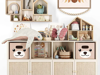 Cute Decorative Cabinet with Plush Toys House Shaped Storage Bear Faced Boxes Books and Decorations 3d model