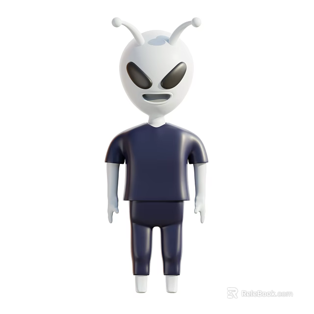 Cartoon Alien Decorative Ornament Set with White Head Black Big Eyes Blue Outfit Minimalist Design 3d model 