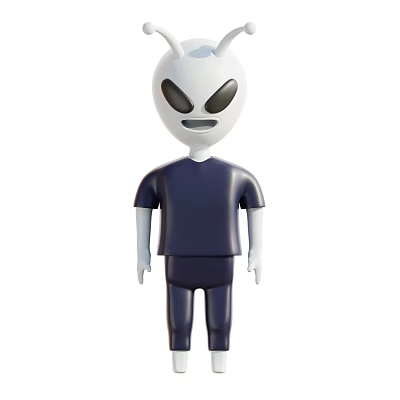 Cartoon Alien Decorative Ornament Set with White Head Black Big Eyes Blue Outfit Minimalist Design 3d model
