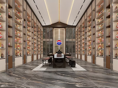 Modern Retail Showroom Interior With Shelves Products Central Table And Ceiling Lights 3d model