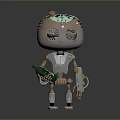 Cartoon Style Metallic Robot With Green Eyes Holding Green Bottle And Mechanical Structure