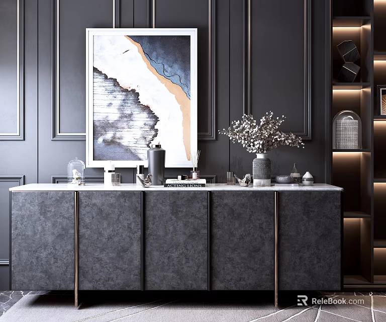 Modern TV Stand with Abstract Painting Dried Flowers Lit Shelving and Dark Striped Wall 3d model 