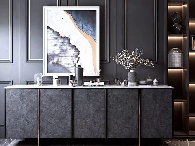 Modern TV Stand with Abstract Painting Dried Flowers Lit Shelving and Dark Striped Wall 3d model