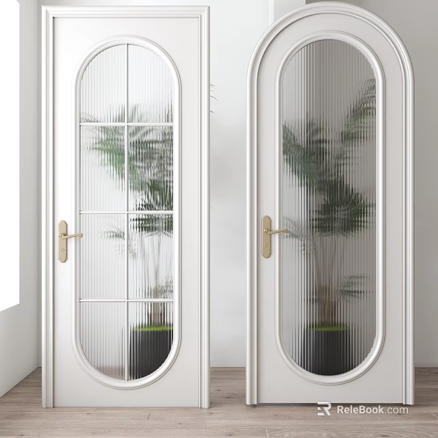 White Hinged Doors With Oval Glass Panels And Golden Handles Revealing Green Palm In Interior 3d model 